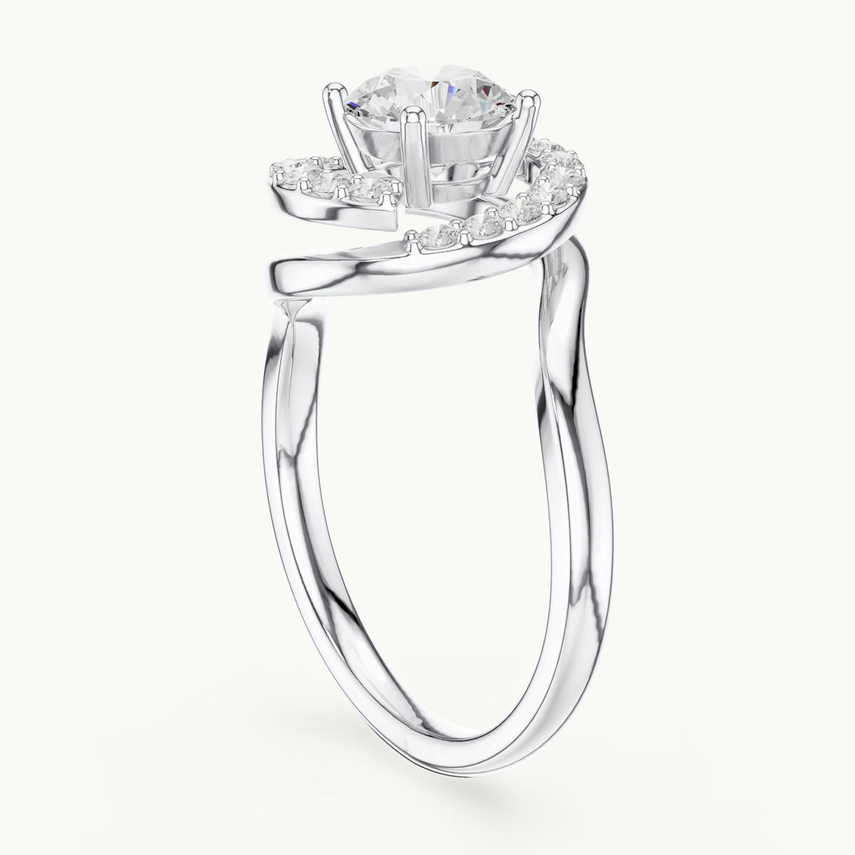 Round lab-grown diamond swirl halo engagement ring in white gold, 1.052 CT TW, view 1