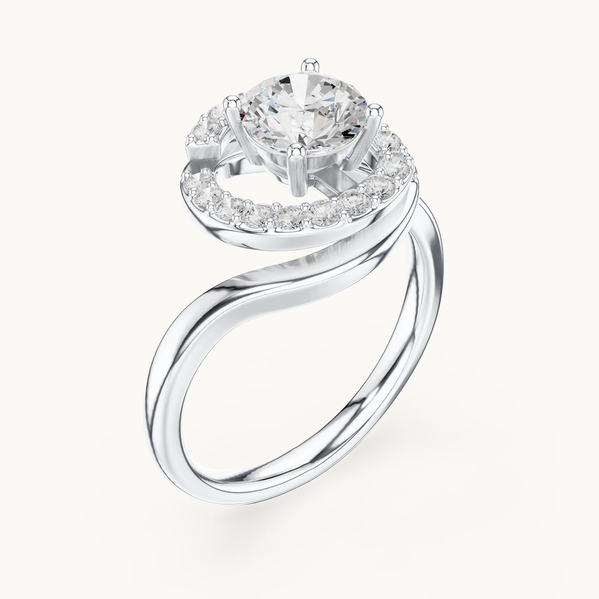 Round lab-grown diamond swirl halo engagement ring in white gold, 1.052 CT TW, view 2