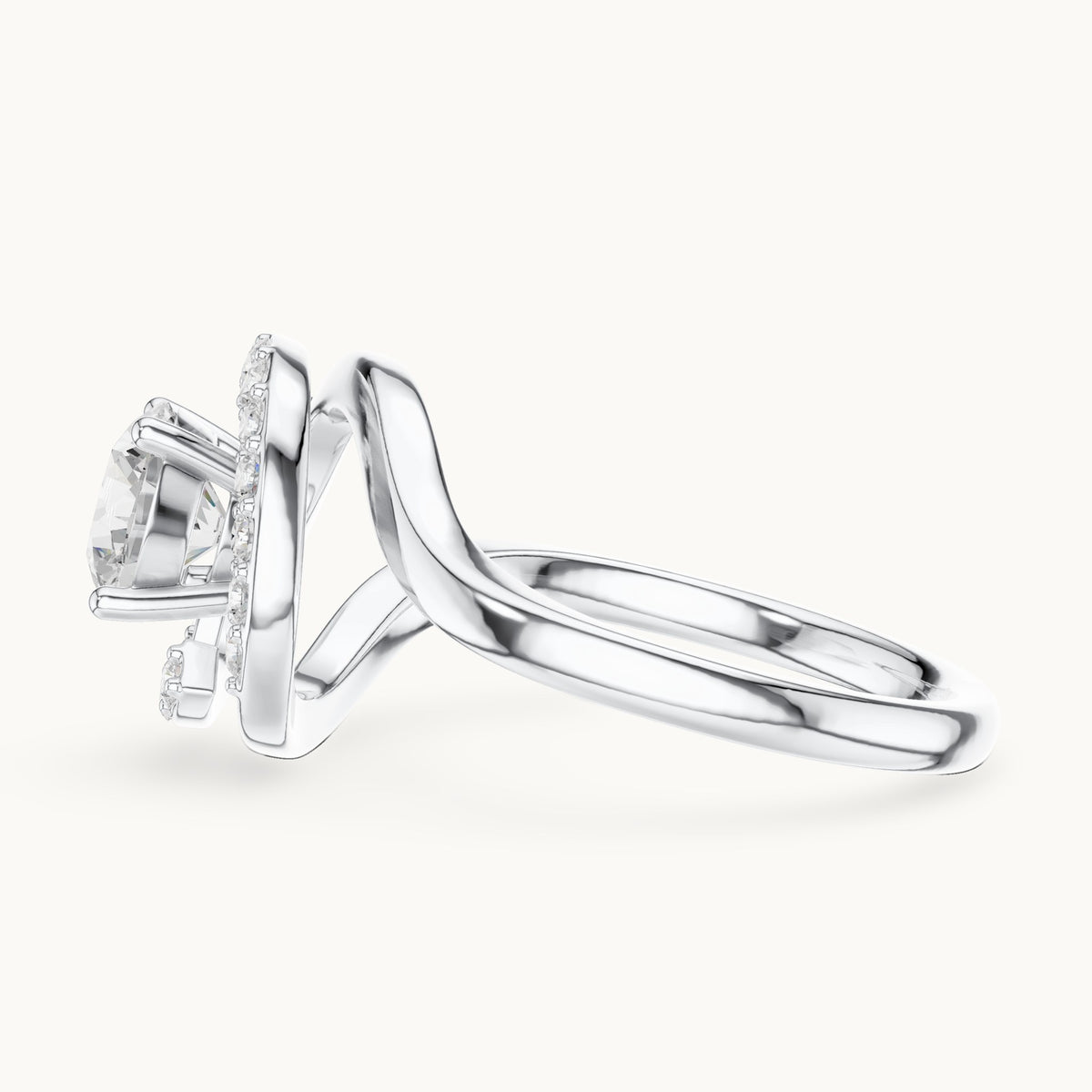 Round lab-grown diamond swirl halo engagement ring in white gold, 1.052 CT TW, view 3
