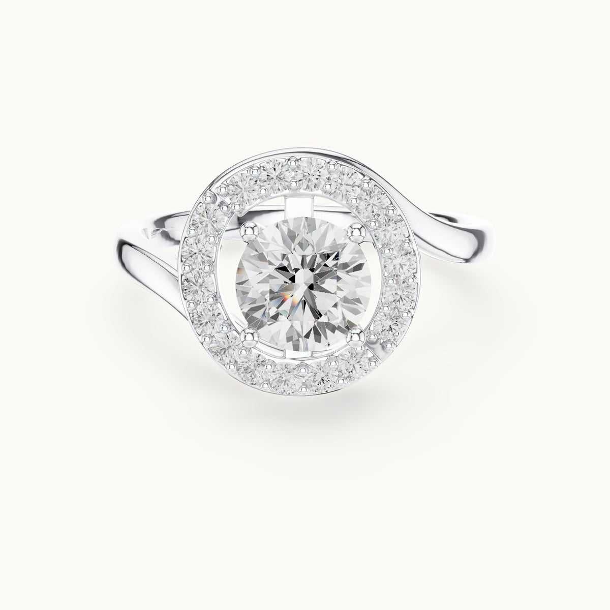 Round lab-grown diamond swirl halo engagement ring in white gold, 1.052 CT TW, view 4