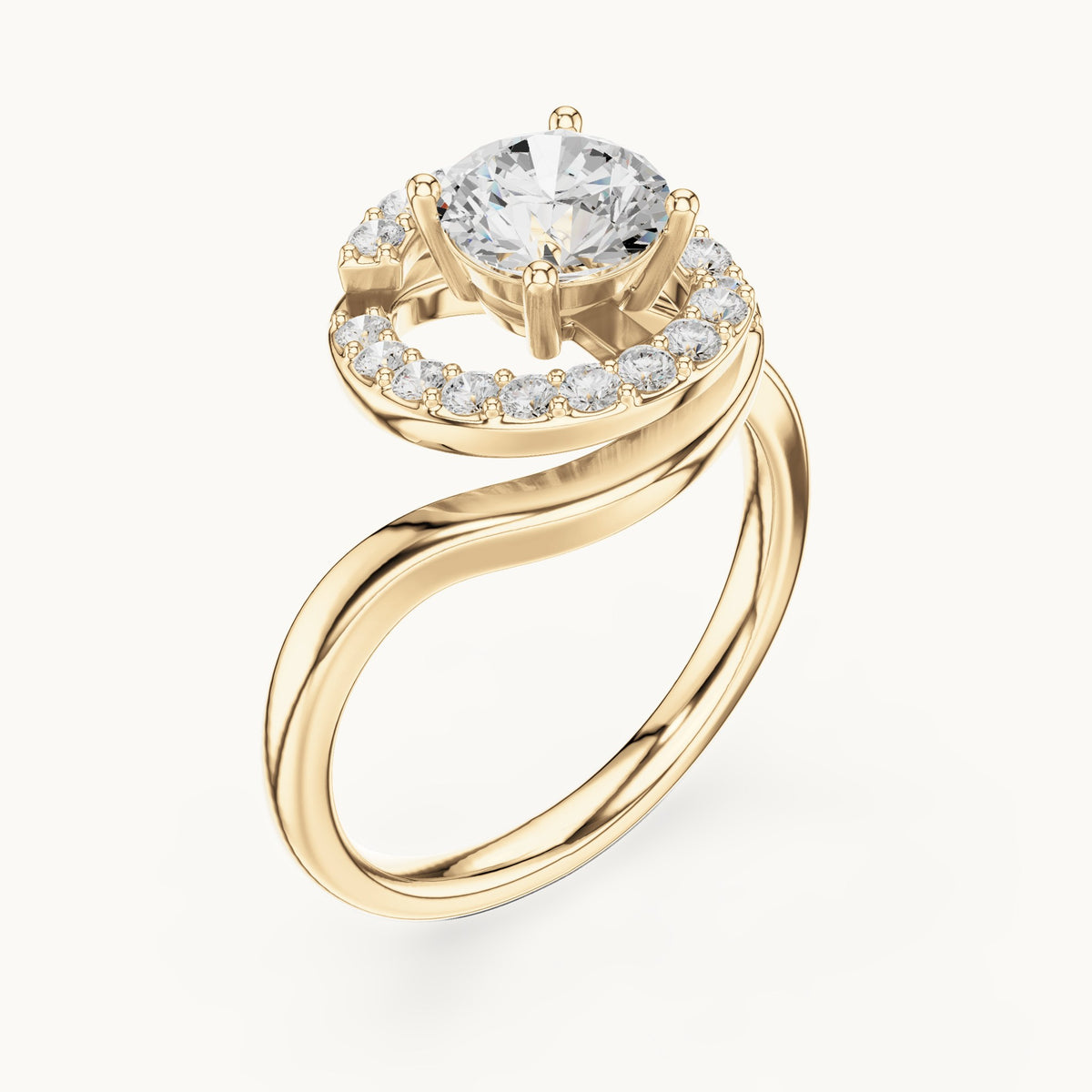 Round lab-grown diamond swirl halo engagement ring in yellow gold, 1.052 CT TW, view 2