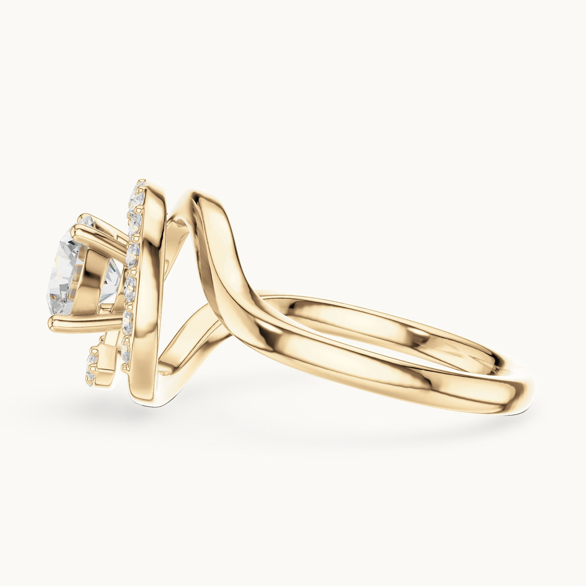Round lab-grown diamond swirl halo engagement ring in yellow gold, 1.052 CT TW, view 3