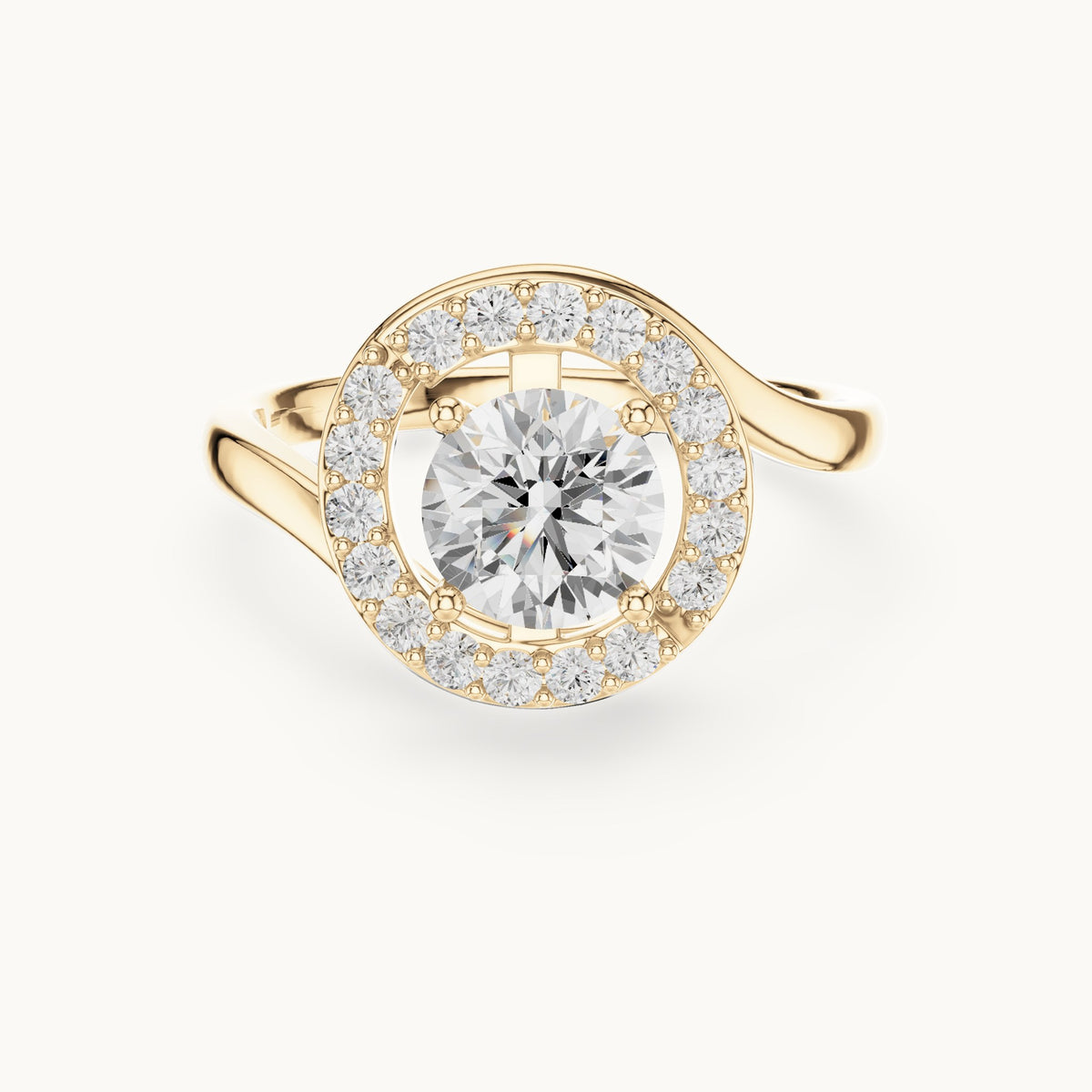 Round lab-grown diamond swirl halo engagement ring in yellow gold, 1.052 CT TW, view 4