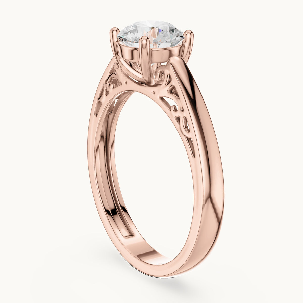 Round lab-grown diamond filigree solitaire engagement ring in rose gold, 1.10 CT TW, view 1