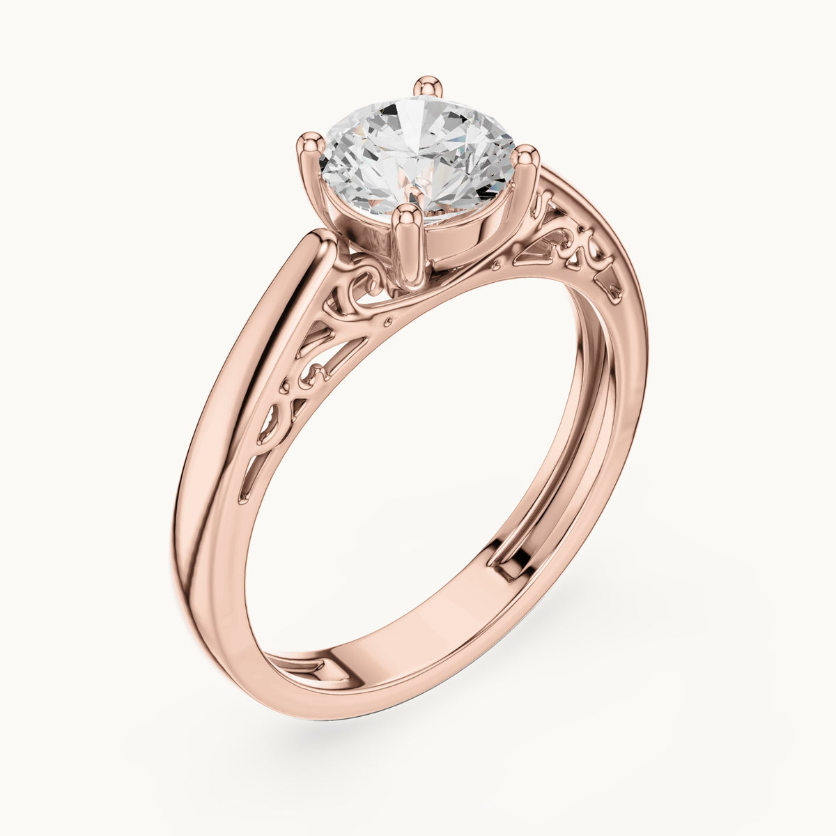 Round lab-grown diamond filigree solitaire engagement ring in rose gold, 1.10 CT TW, view 2