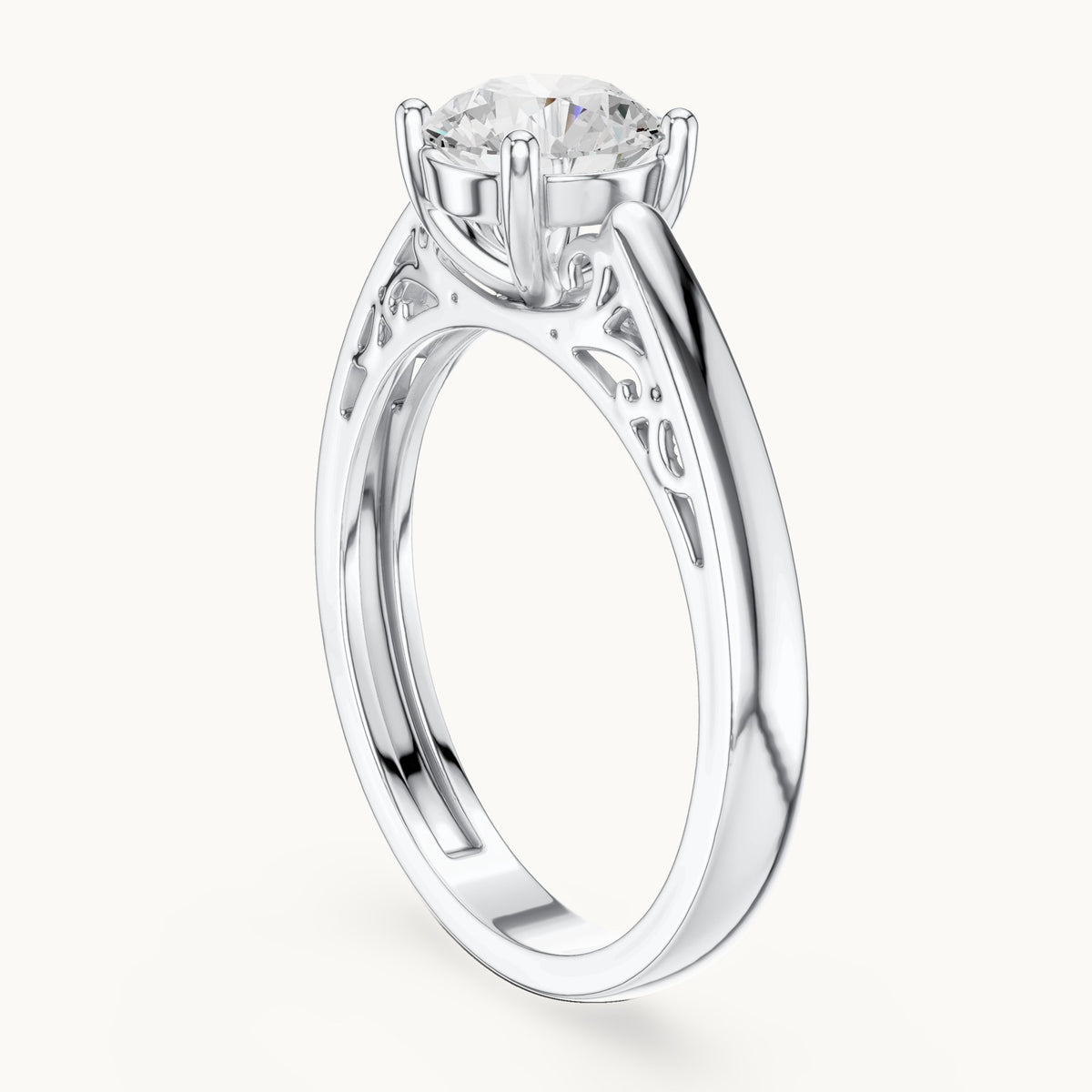 Round lab-grown diamond filigree solitaire engagement ring in white gold, 1.10 CT TW, view 1