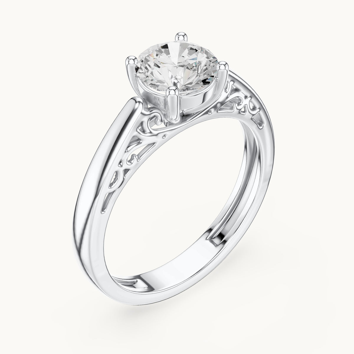 Round lab-grown diamond filigree solitaire engagement ring in white gold, 1.10 CT TW, view 2