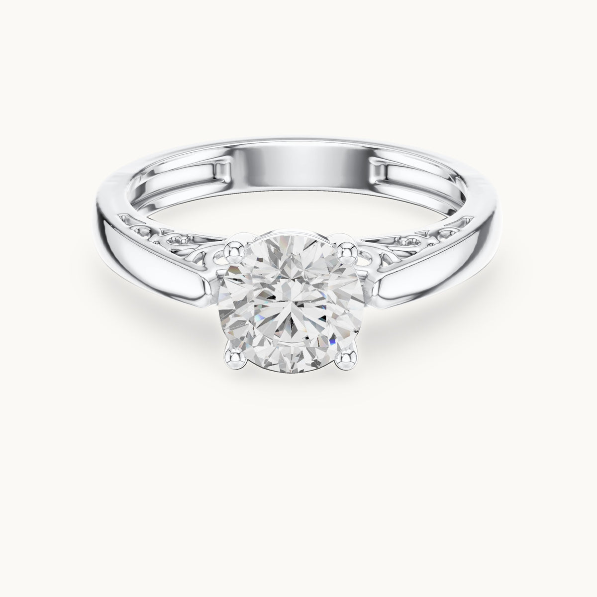 Round lab-grown diamond filigree solitaire engagement ring in white gold, 1.10 CT TW, view 4