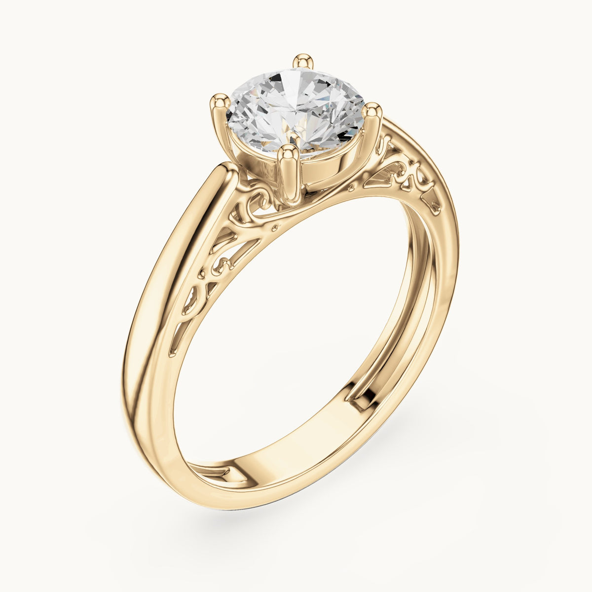 Round lab-grown diamond filigree solitaire engagement ring in yellow gold, 1.10 CT TW, view 2