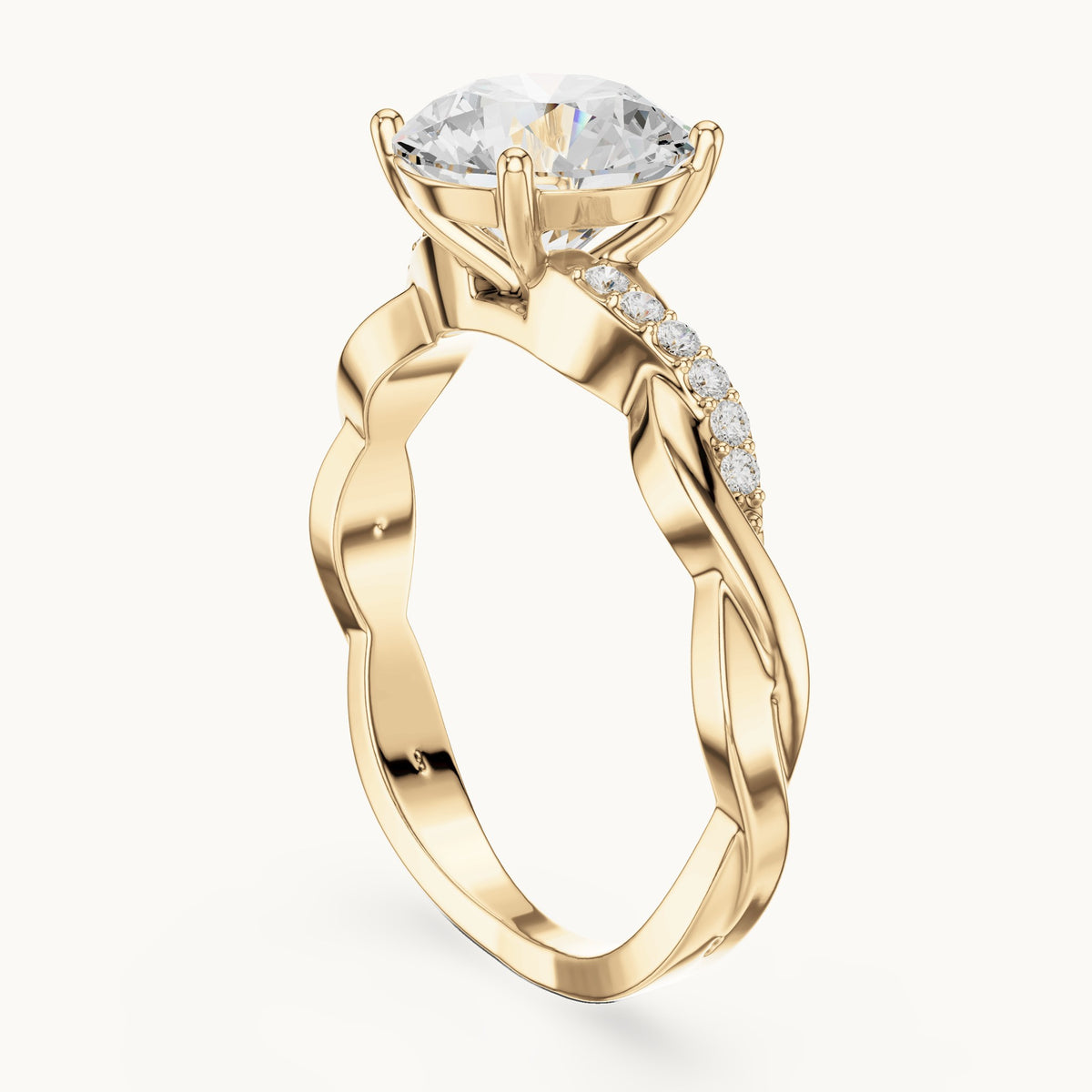 Round lab-grown diamond twisted pavé engagement ring in yellow gold, 2.084 CT TW, view 1