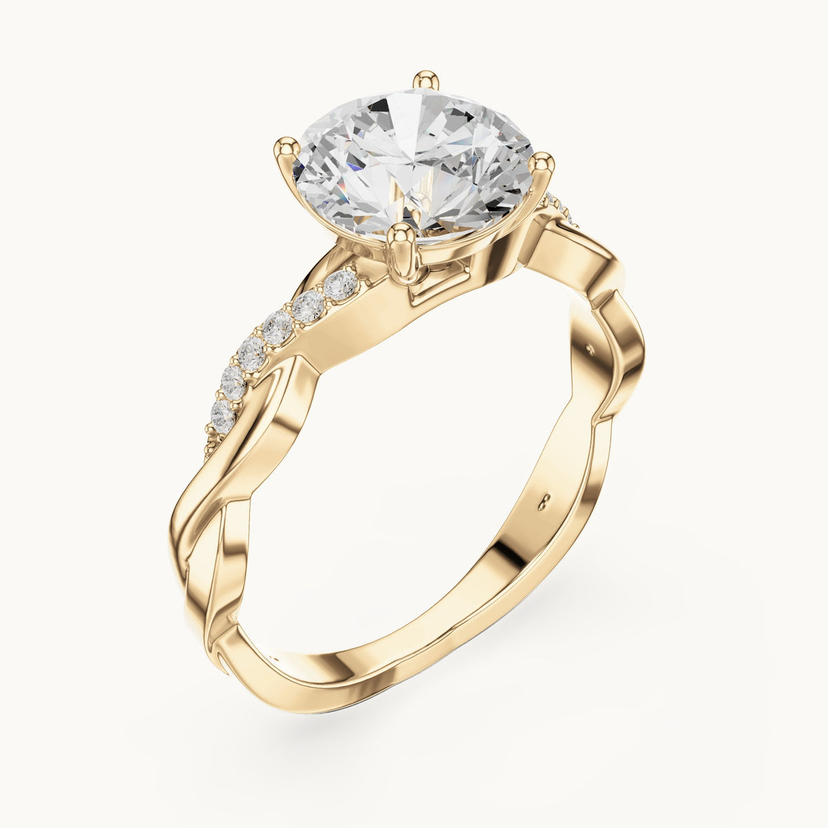 Round lab-grown diamond twisted pavé engagement ring in yellow gold, 2.084 CT TW, view 2