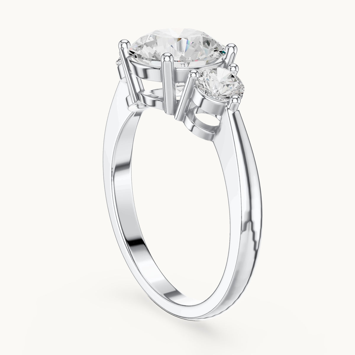 Round lab-grown diamond three-stone engagement ring in white gold, 2.446 CT TW, view 1