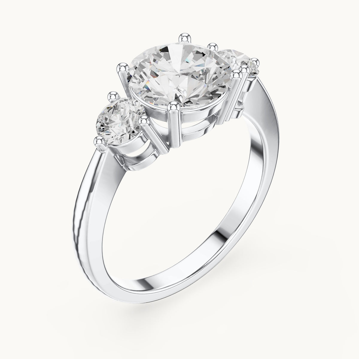 Round lab-grown diamond three-stone engagement ring in white gold, 2.446 CT TW, view 2