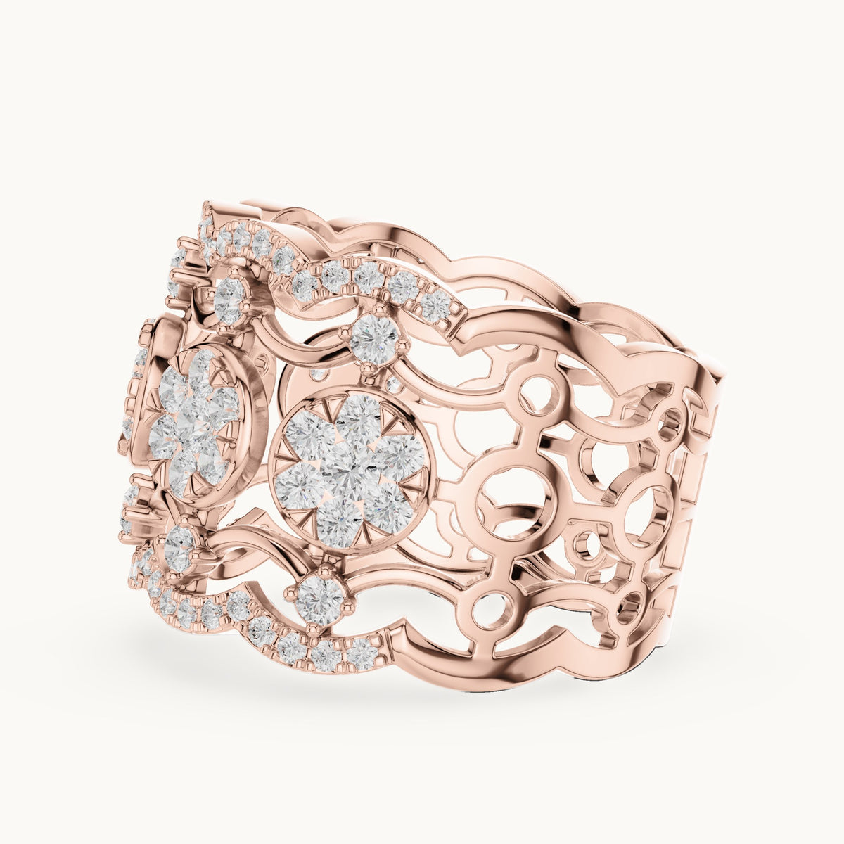 Round lab-grown diamond openwork cluster cocktail ring in rose gold, 1.233 CT TW, view 3
