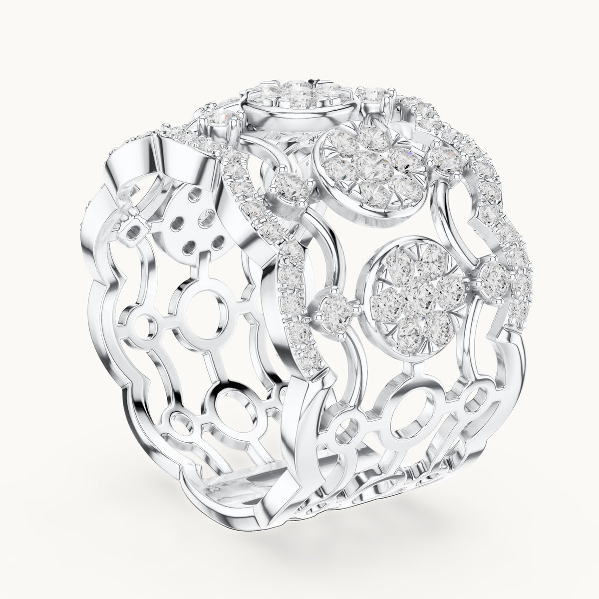 Round lab-grown diamond openwork cluster cocktail ring in white gold, 1.233 CT TW, view 1