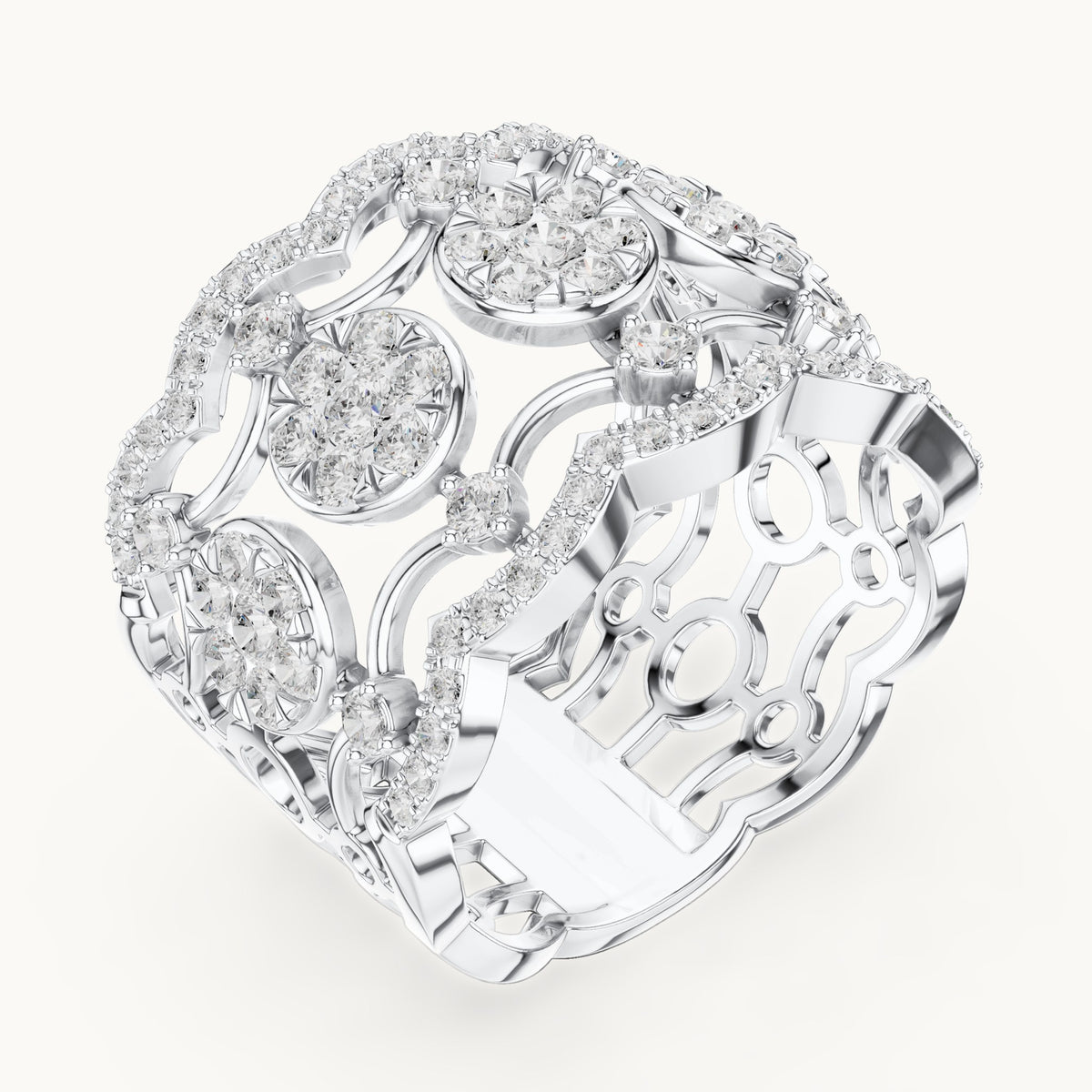 Round lab-grown diamond openwork cluster cocktail ring in white gold, 1.233 CT TW, view 2