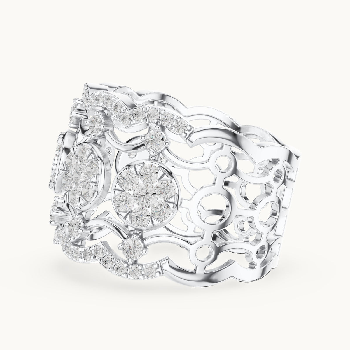 Round lab-grown diamond openwork cluster cocktail ring in white gold, 1.233 CT TW, view 3