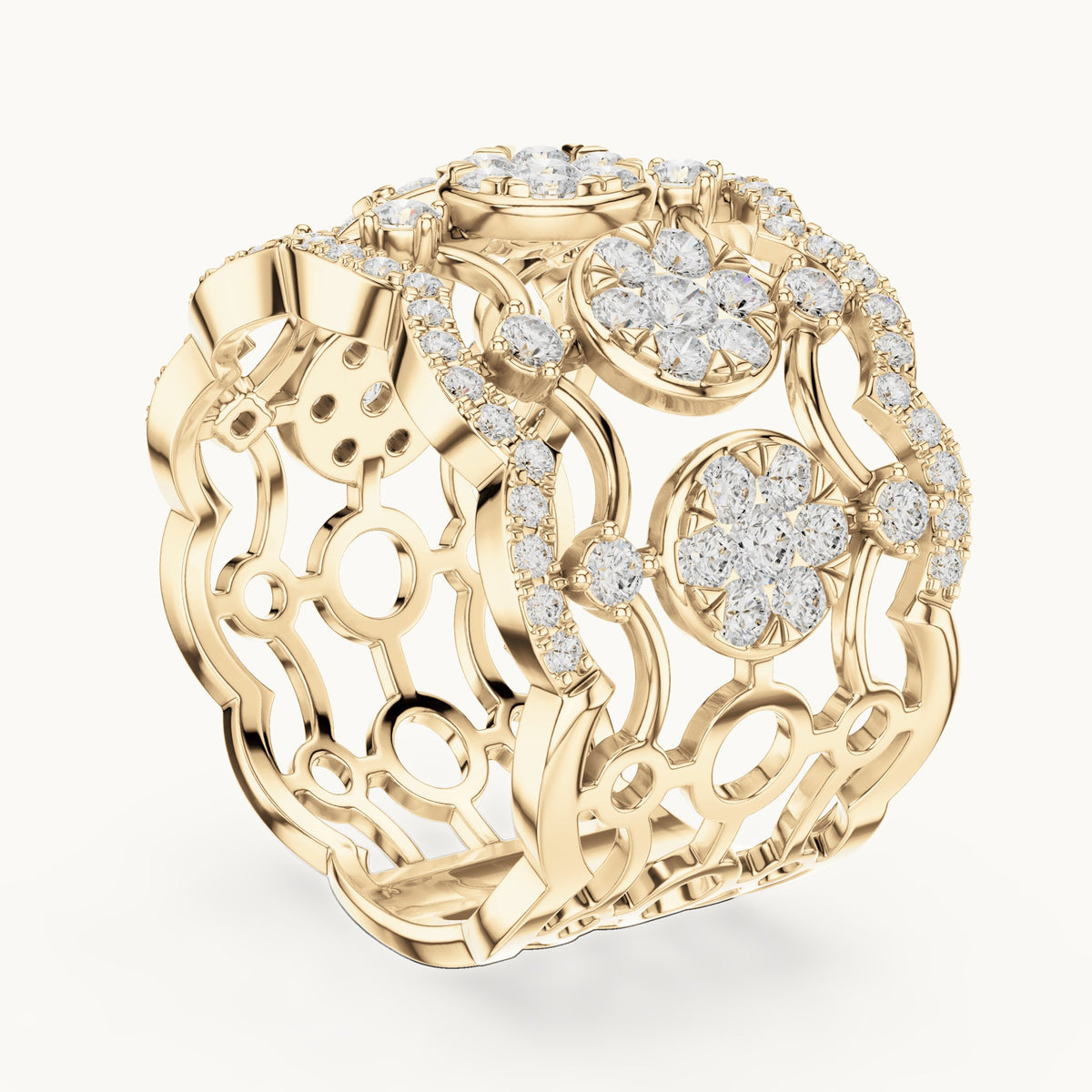 Round lab-grown diamond openwork cluster cocktail ring in yellow gold, 1.233 CT TW, view 1