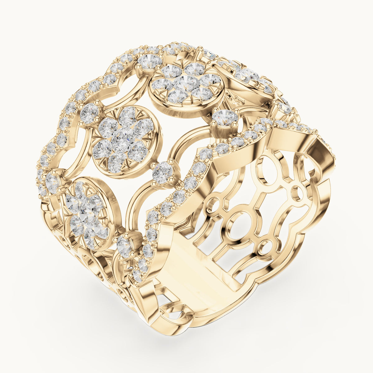 Round lab-grown diamond openwork cluster cocktail ring in yellow gold, 1.233 CT TW, view 2