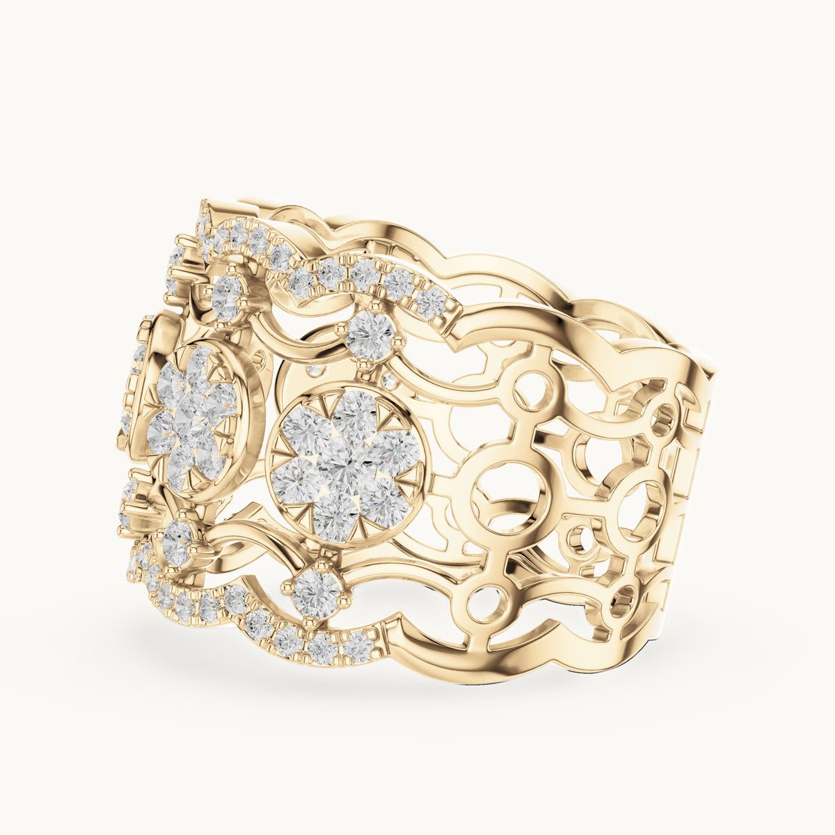 Round lab-grown diamond openwork cluster cocktail ring in yellow gold, 1.233 CT TW, view 3