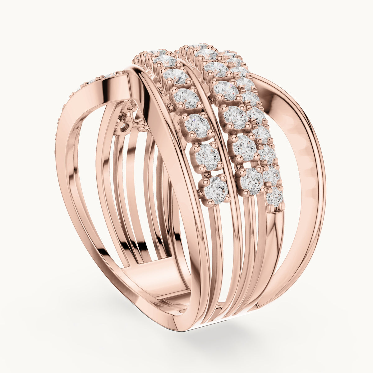 Round lab-grown diamond crossover multi-row cocktail ring in rose gold, 0.816 CT TW, view 1