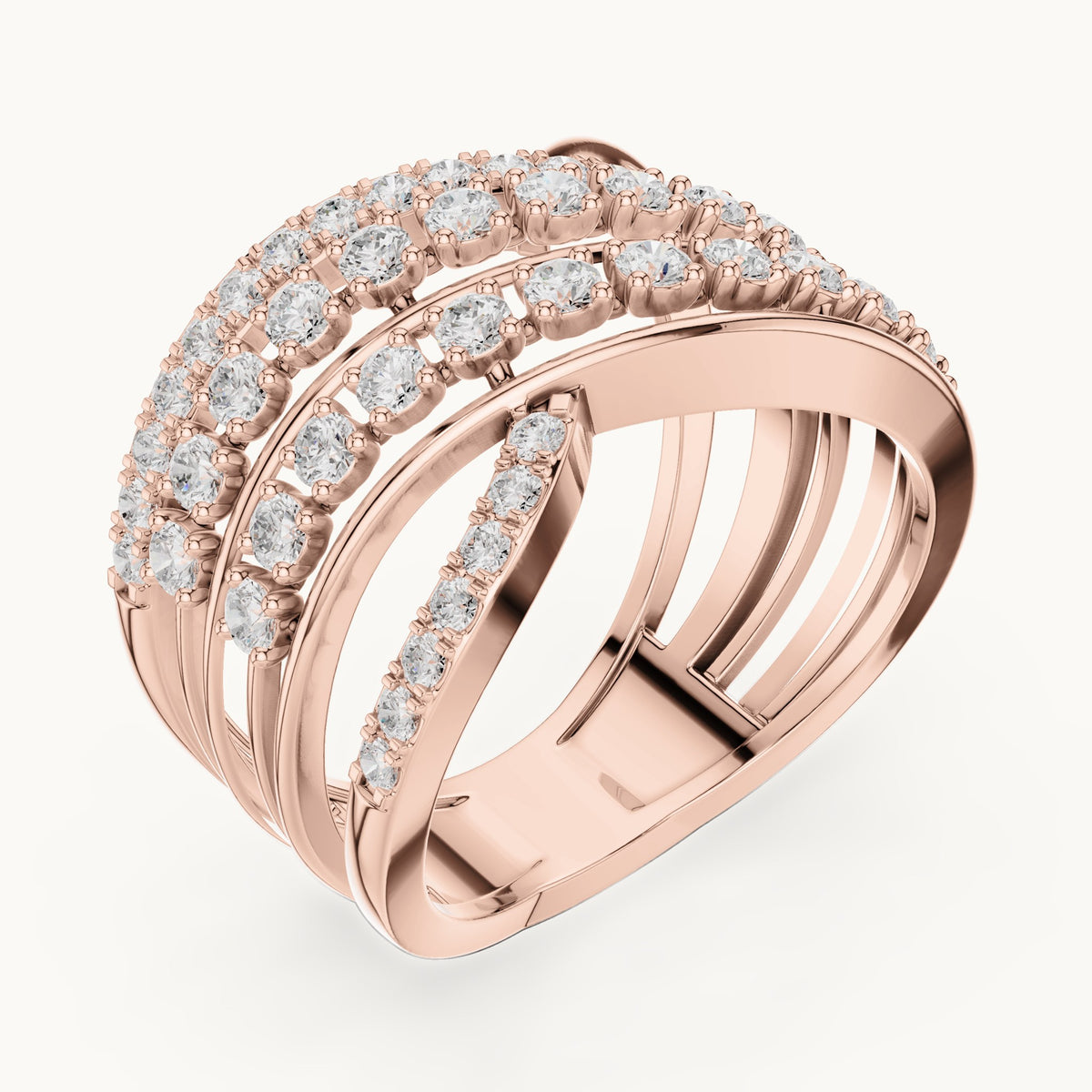 Round lab-grown diamond crossover multi-row cocktail ring in rose gold, 0.816 CT TW, view 2