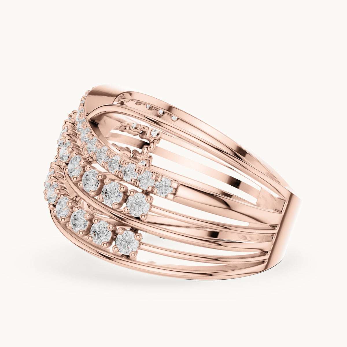 Round lab-grown diamond crossover multi-row cocktail ring in rose gold, 0.816 CT TW, view 3