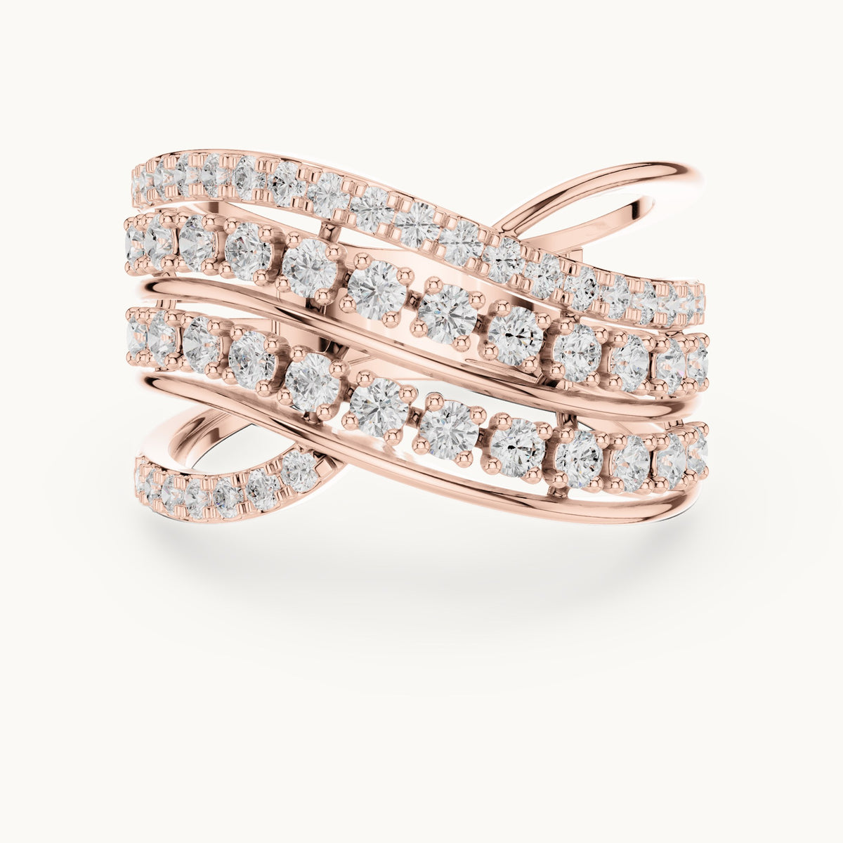 Round lab-grown diamond crossover multi-row cocktail ring in rose gold, 0.816 CT TW, view 4