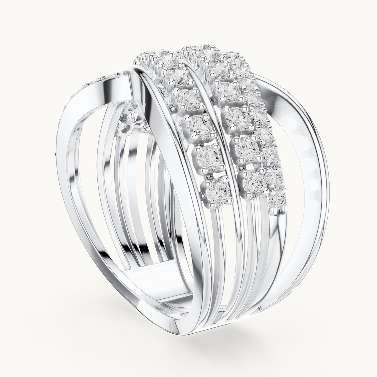 Round lab-grown diamond crossover multi-row cocktail ring in white gold, 0.816 CT TW, view 1
