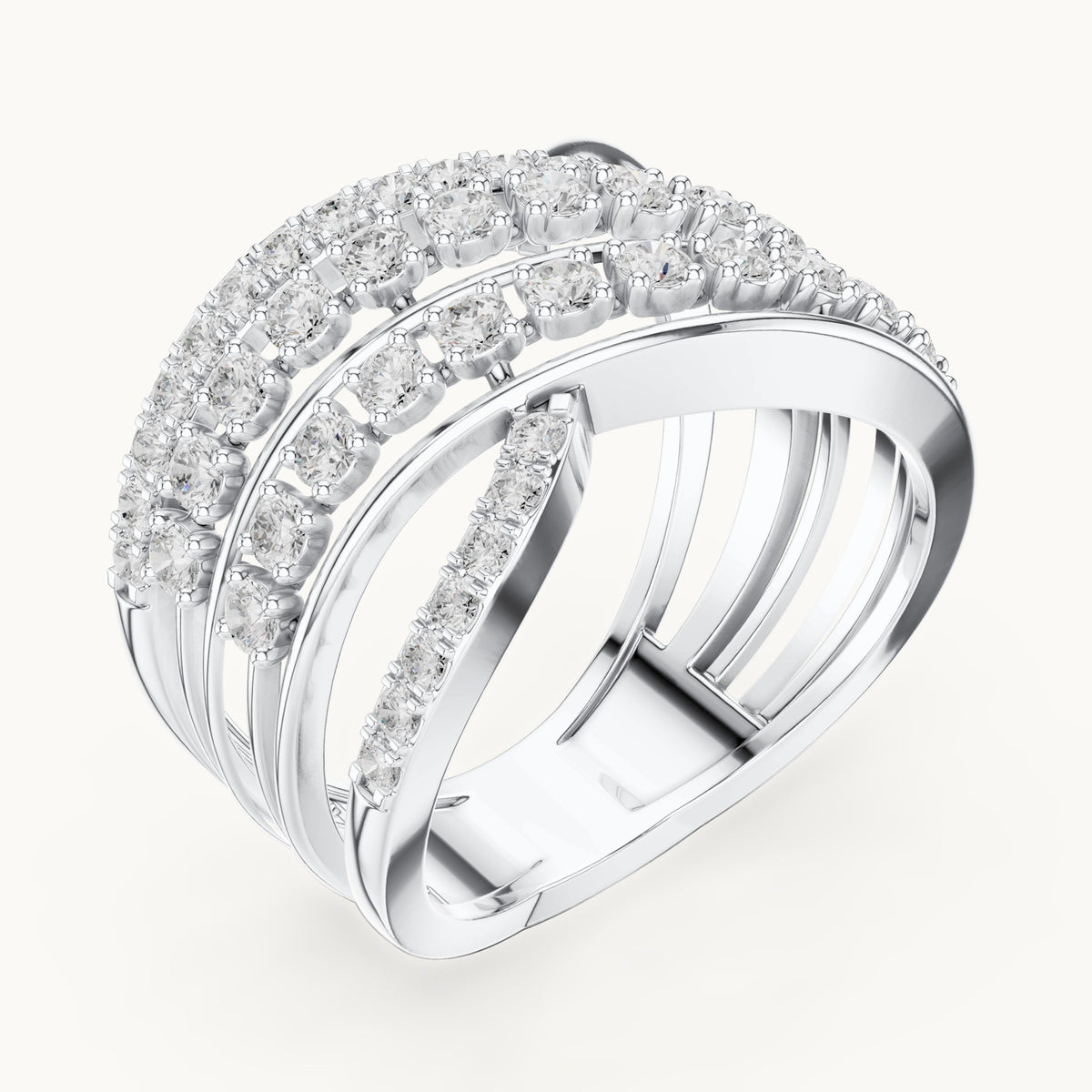 Round lab-grown diamond crossover multi-row cocktail ring in white gold, 0.816 CT TW, view 2