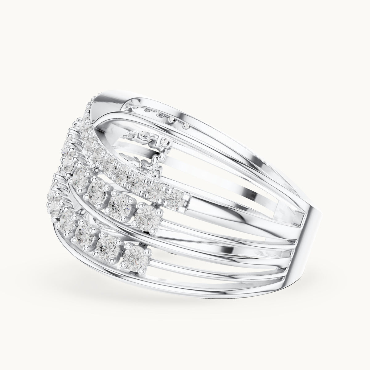 Round lab-grown diamond crossover multi-row cocktail ring in white gold, 0.816 CT TW, view 3