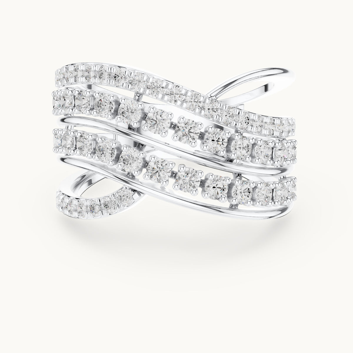 Round lab-grown diamond crossover multi-row cocktail ring in white gold, 0.816 CT TW, view 4