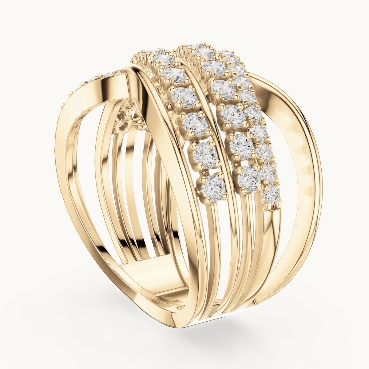 Round lab-grown diamond crossover multi-row cocktail ring in yellow gold, 0.816 CT TW, view 1