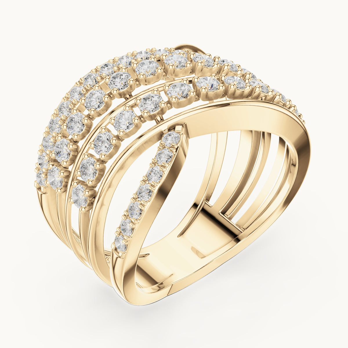 Round lab-grown diamond crossover multi-row cocktail ring in yellow gold, 0.816 CT TW, view 2