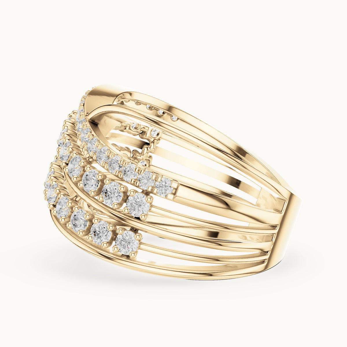 Round lab-grown diamond crossover multi-row cocktail ring in yellow gold, 0.816 CT TW, view 3