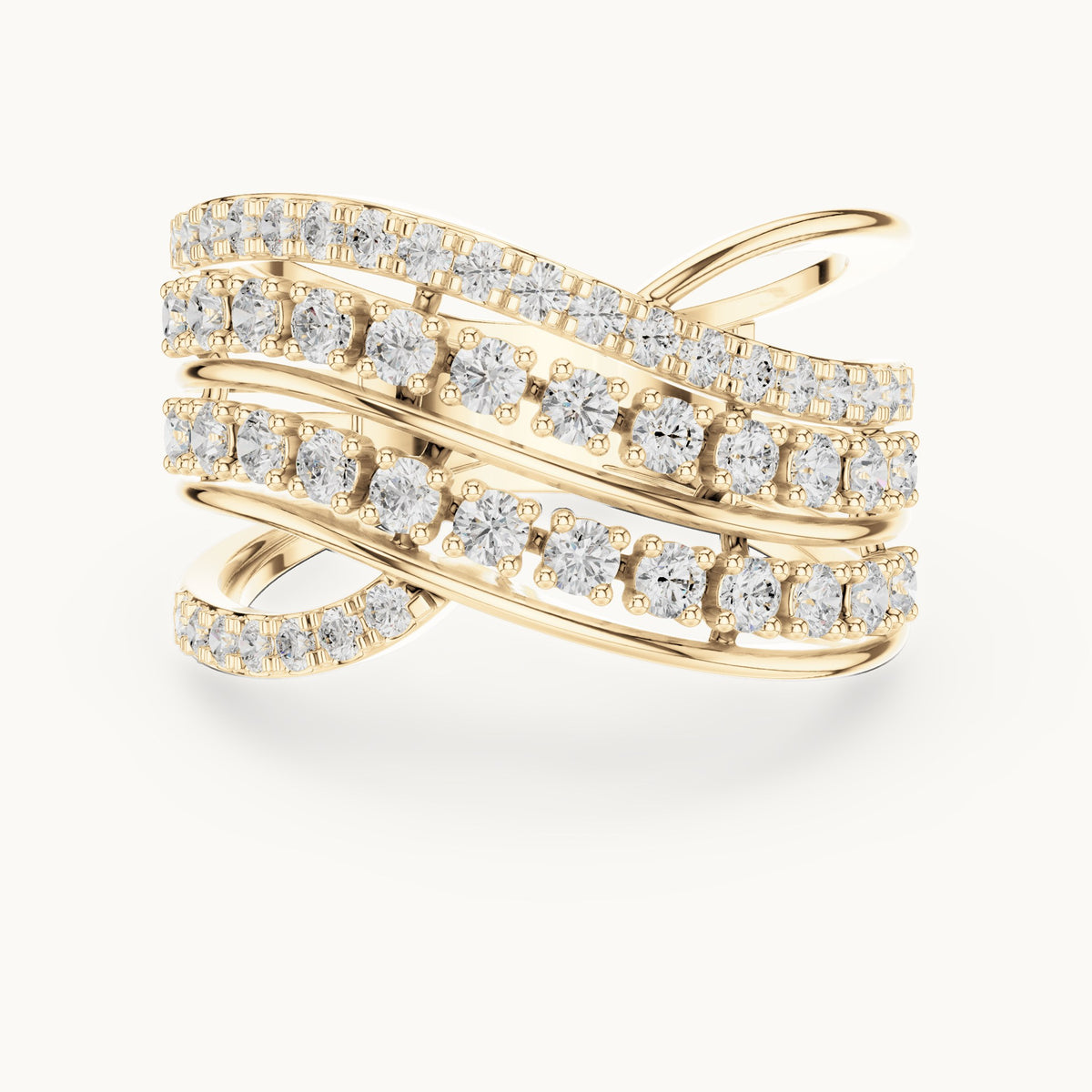 Round lab-grown diamond crossover multi-row cocktail ring in yellow gold, 0.816 CT TW, view 4