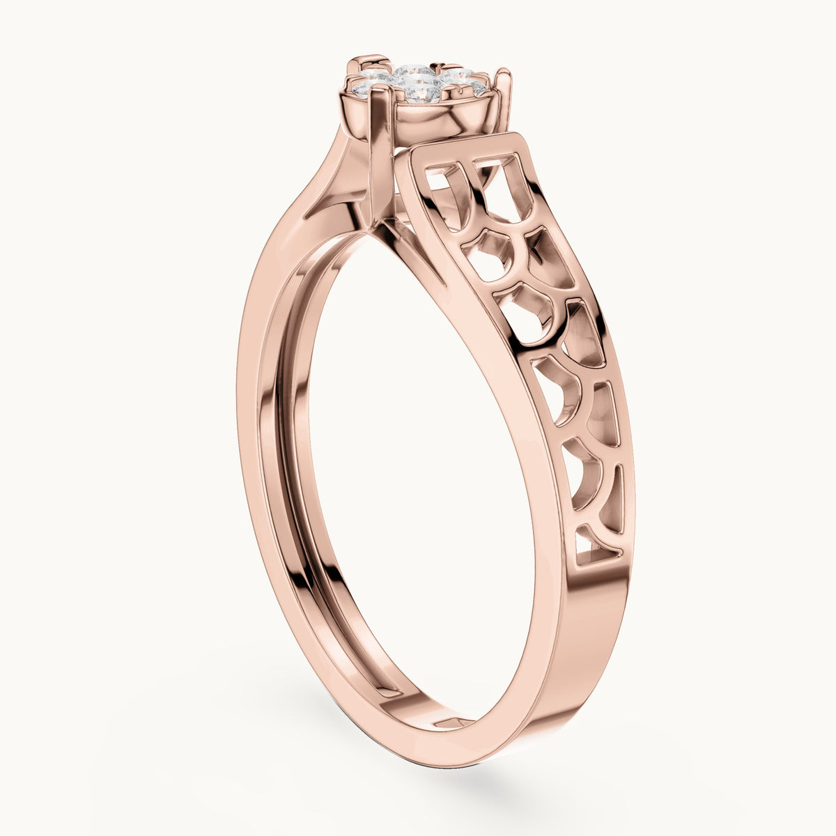 Round lab-grown diamond cluster ring with openwork band in rose gold, 0.119 CT TW, view 1