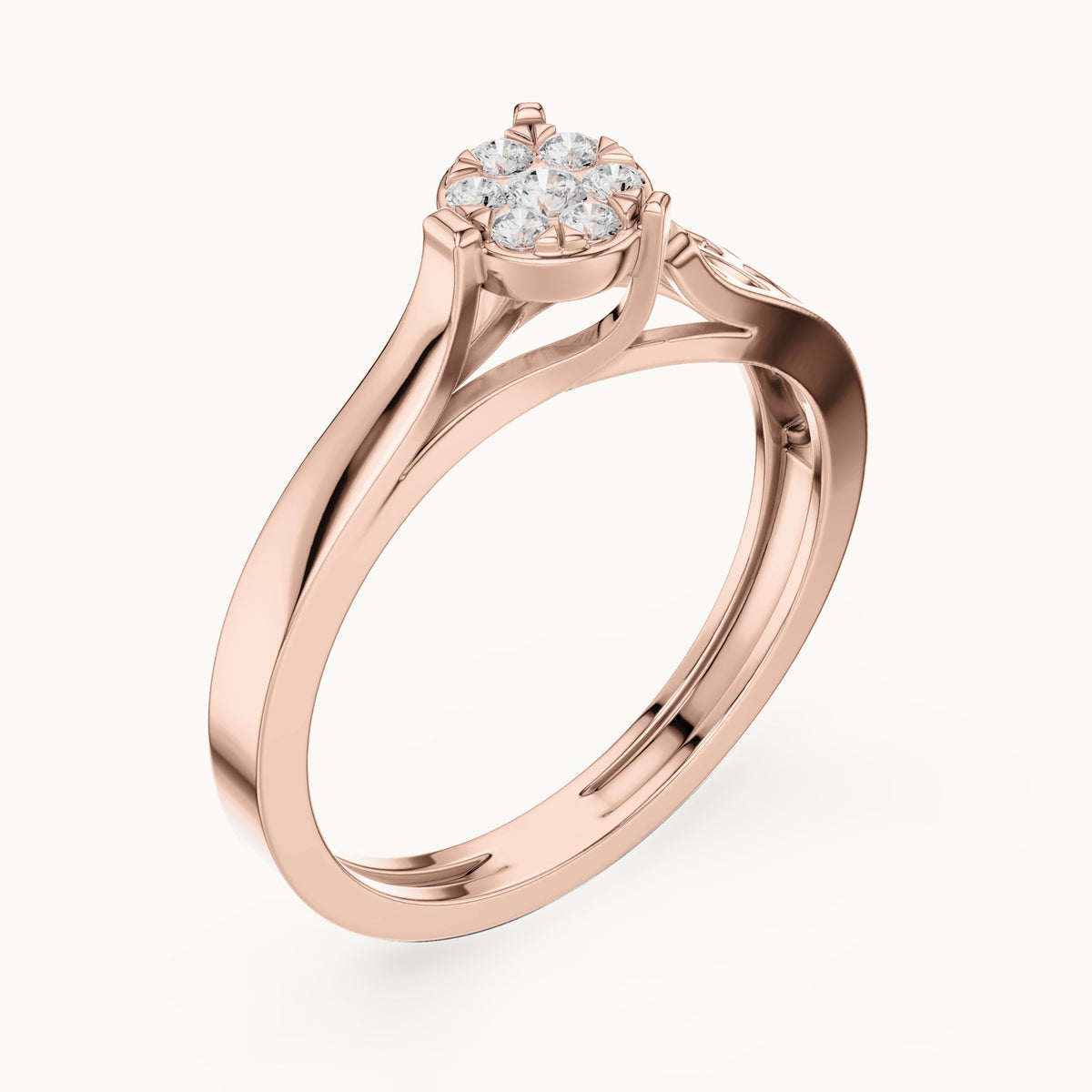 Round lab-grown diamond cluster ring with openwork band in rose gold, 0.119 CT TW, view 2