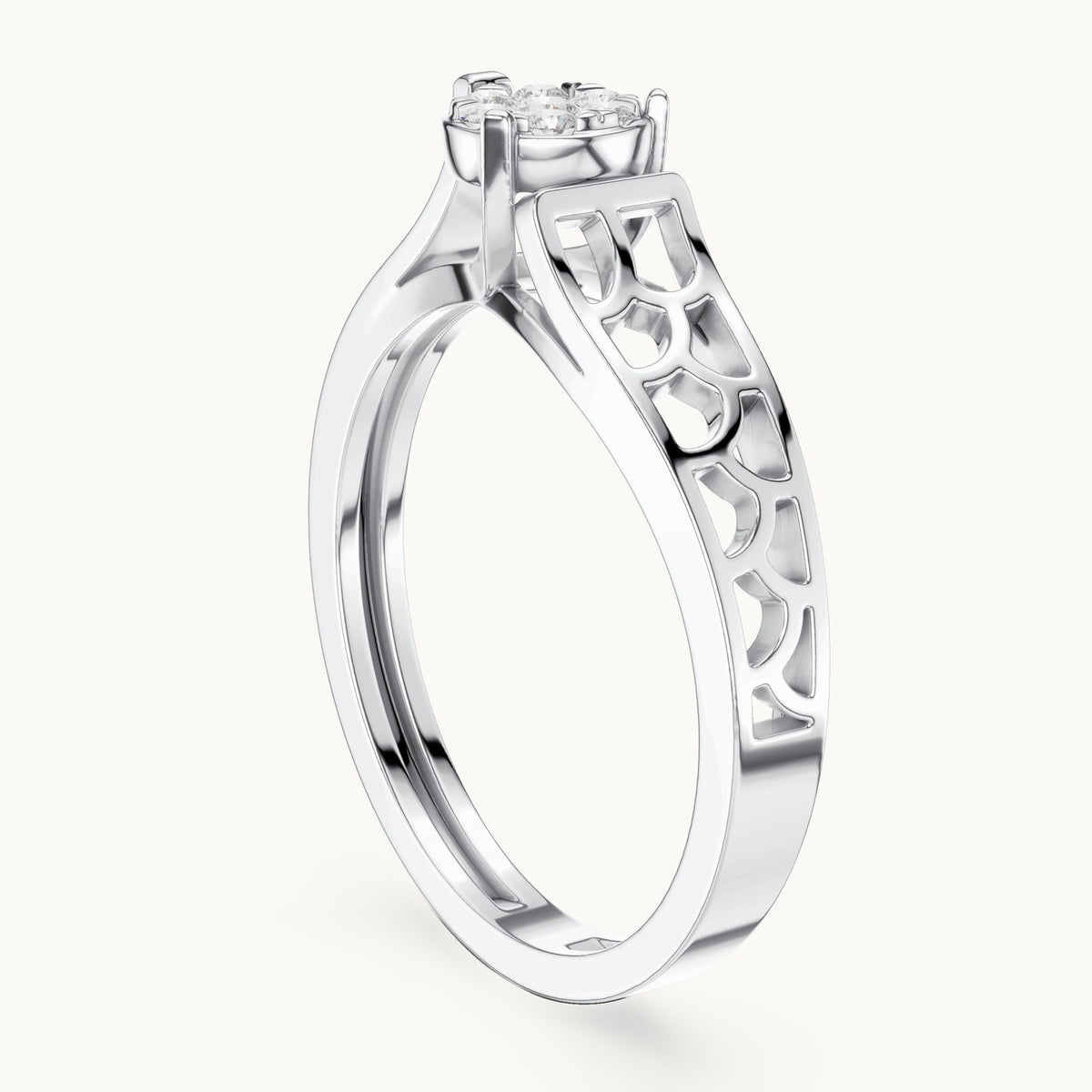 Round lab-grown diamond cluster ring with openwork band in white gold, 0.119 CT TW, view 1