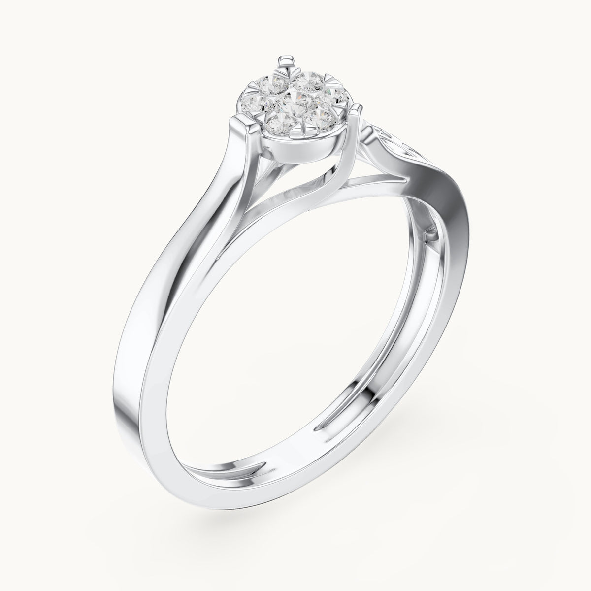 Round lab-grown diamond cluster ring with openwork band in white gold, 0.119 CT TW, view 2