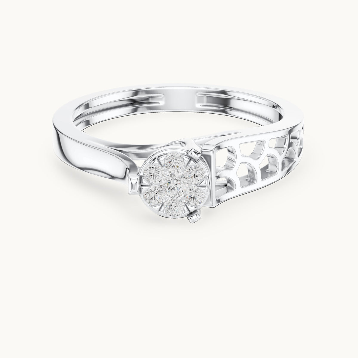 Round lab-grown diamond cluster ring with openwork band in white gold, 0.119 CT TW, view 4
