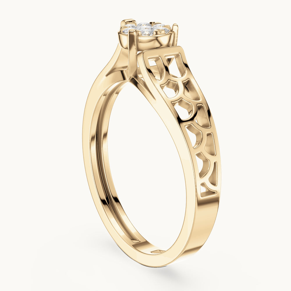 Round lab-grown diamond cluster ring with openwork band in yellow gold, 0.119 CT TW, view 1