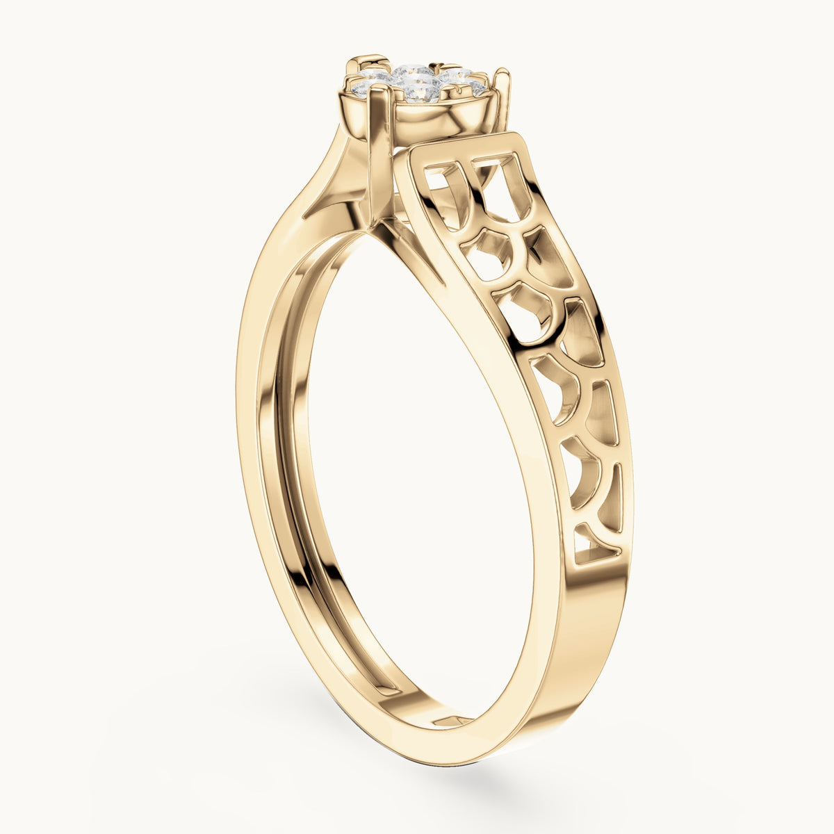 Round lab-grown diamond cluster ring with openwork band in yellow gold, 0.119 CT TW, view 1