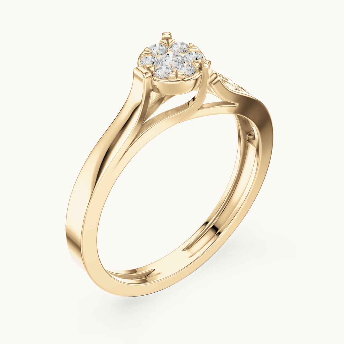 Round lab-grown diamond cluster ring with openwork band in yellow gold, 0.119 CT TW, view 2