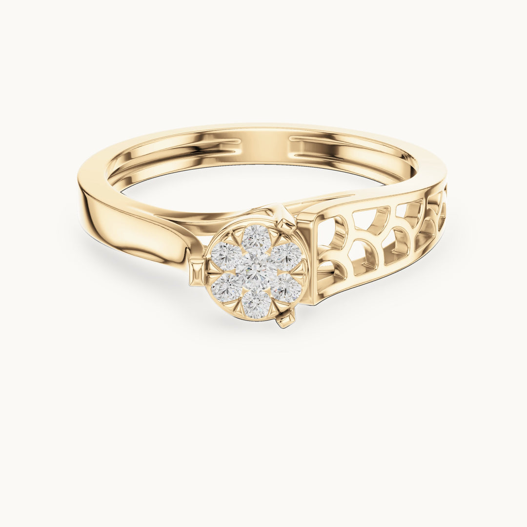 Round lab-grown diamond cluster ring with openwork band in yellow gold, 0.119 CT TW, view 4