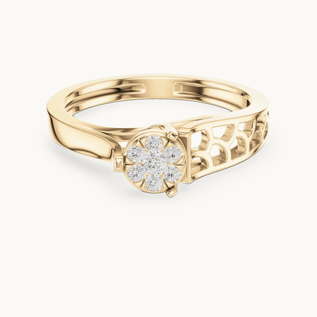 Round lab-grown diamond cluster ring with openwork band in yellow gold, 0.119 CT TW, view 4