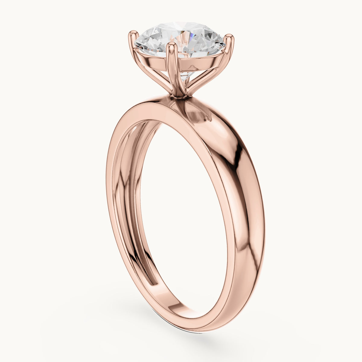 Round lab-grown diamond solitaire engagement ring with wide tapered band in rose gold, 1.60 CT TW, view 1