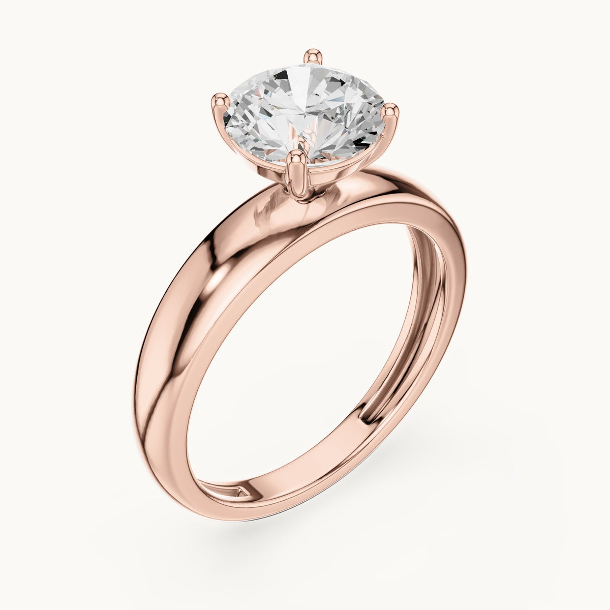 Round lab-grown diamond solitaire engagement ring with wide tapered band in rose gold, 1.60 CT TW, view 2