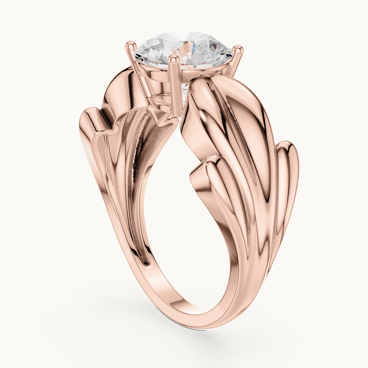 Round lab-grown diamond leaf solitaire engagement ring in rose gold, 1.60 CT TW, view 1