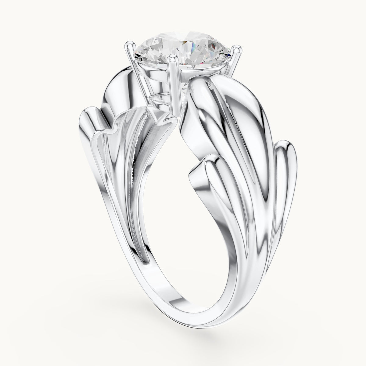 Round lab-grown diamond leaf solitaire engagement ring in white gold, 1.60 CT TW, view 1